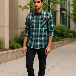 Men’s Airwalk Shirt  XL Roll Tab Long Sleeve Blue Plaid Button Up 2 Pockets